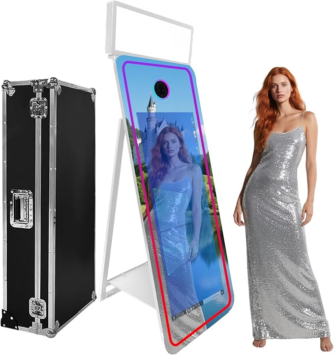 65''Magic Mirror Photo Booth Machine,Mirror Photo Booth 43''Touch Screen,Photo Booth with Flight Case,App Control,RGB Light for Wedding Party Events (White, Machine+Mini Printer)