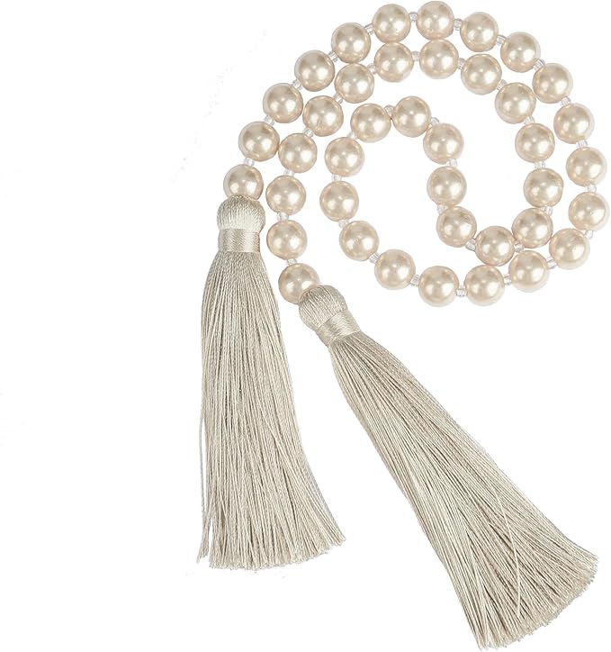 Fenghuangwu 34 Inch Glass Bead Garland with Tassels - Elegant Boho Table Decor, Fringe Wall Hanging for Wedding, Party, Farmhouse Rustic Prayer Bead Home Decoration(2 Pack,Off White)