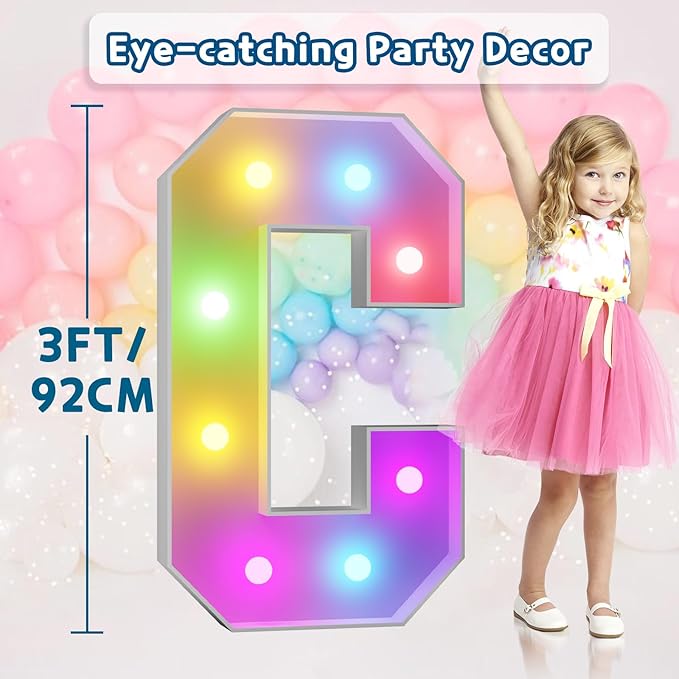 imprsv 3FT Colorful Marquee Light Up Letters C, 18 Color Light Up Alphabet Sign with Remote, Baby & Large Letters for Baby Shower, Birthday, Engagement, Wedding Party Decor
