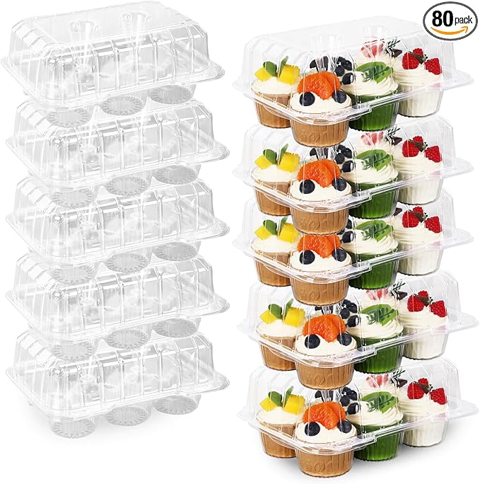 80 Pack Plastic Cupcake Containers 6-Compartment Clear Cupcake Boxes Disposable Cupcake Tray Holders 6 Cavity Cupcake Carriers with Deep Dome for Cupcake Muffin Packaging