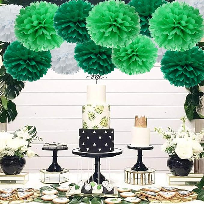 Mowo Green Paper Flower Tissue Pom Poms - Party Supplies (Dark, Light Green, White, 12pc)