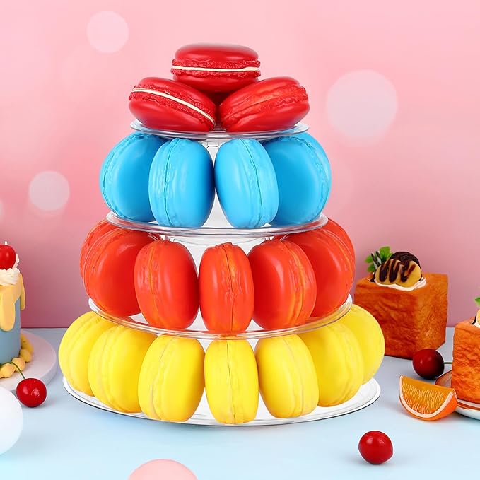 Juexica 4 Pcs Round Macaron Display Tower Stand 4 Tiers Plastic Cake Rack Macaron Wedding Cupcake Display Food Serving Stands Clear Dessert Tower for Wedding Baby Shower Birthday Decoration