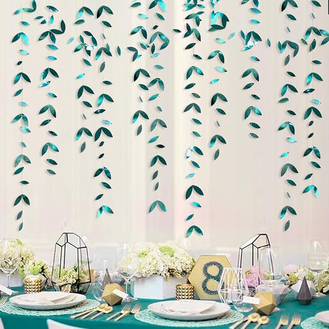 PinkBlume 52 Ft Dark Green Leaf Garland, Emerald Turquoise Paper Hanging Leaves Streamer, Teal Aqua Green Banner for Wedding, Bridal Shower, Engagement, Party Decorations
