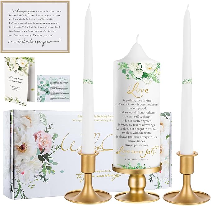 Extrogif Unity Wedding Candles Ceremony Set - 3 Floral Candles Set with Gold Holders, Elegant Wedding Decorations for Ceremony, Religious Bible Verse - Gifts for Couples 2025