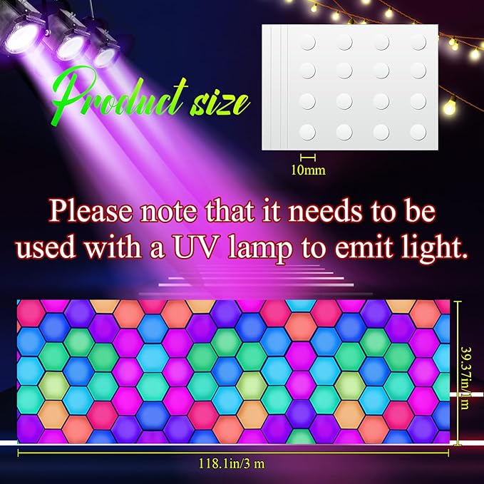 Haull 118 x 39 Inch Neon Light up Dance Floor Glow in The Dark Runner UV Reactive Blacklight Floor Aisle Runner Decor Wall Props for 80s 90s Neon Birthday Party Decorations(Hexagon)