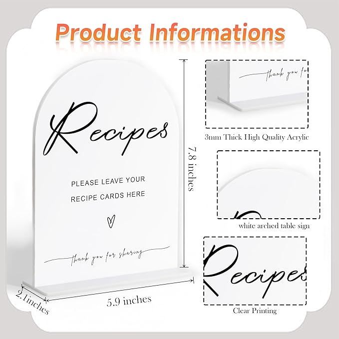 Leave Your Recipe Card Sign, White Arch Acrylic Wedding Sign, Recipe Cards for Bridal Shower, Bridal Shower Decor, Wedding Reception Decorations, Centerpiece Table Decorations Party for Bride-8