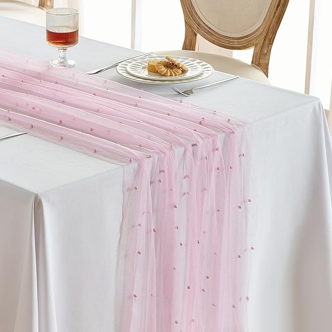 Fanami 1 Pack Pearl Table Runner -10FT Blush Pink Boho Tulle Table Runners 120 Inches Long Rustic Sheer Lace Fabric Centerpieces for Wedding Arch Birthday Party Bridal Veil Baby Shower Decorations