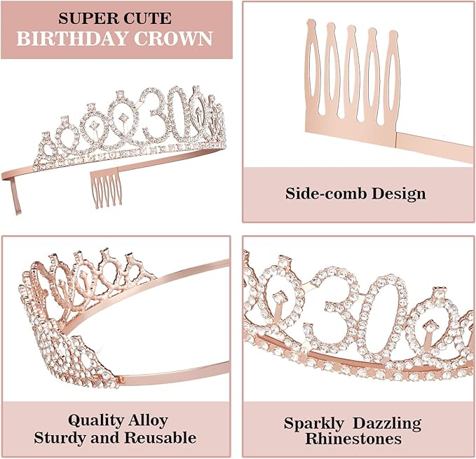 30th Birthday Decorations for Her, Including Sash, Crown/Tiara, Candles, Cake Topper, 30th Birthday Gifts for Her