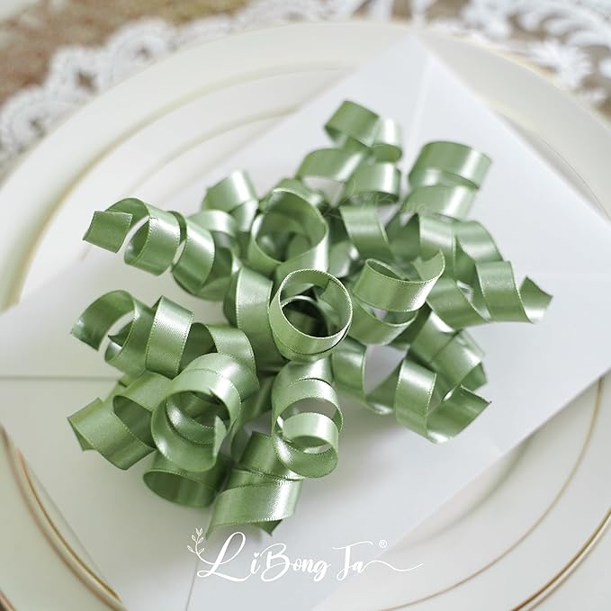 5'' Sage Green Bows Curly Ribbon Bows for Gift Wrapping, Satin Bows with Double-Sided Tape, Self Adhesive Bows for Party, Wedding, Birthday Decor, Premade Bows for Crafts, Wine Glasses-8 PCs