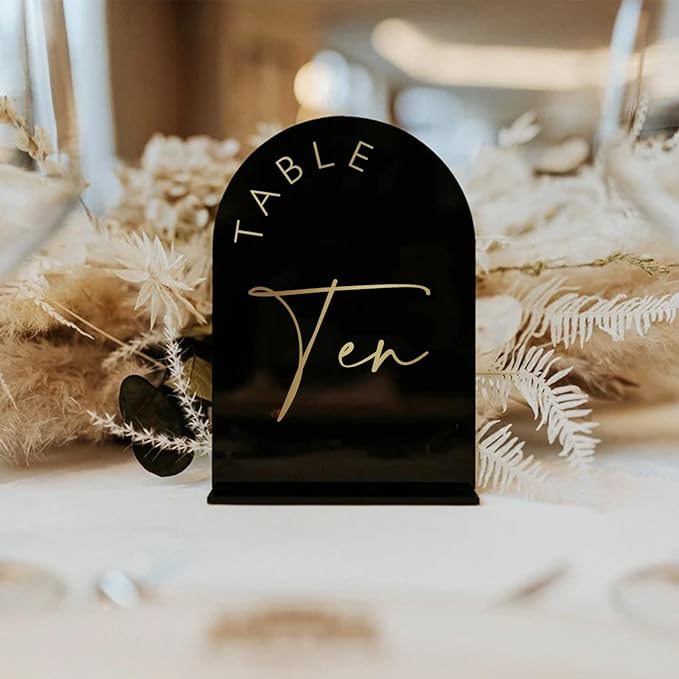 Black Arch Wedding Table Numbers 1-30 with Stands, 5x7 Inch Arch Acrylic Sign Black and Gold Lettering, Arch Acrylic Table Numbers for Wedding Reception