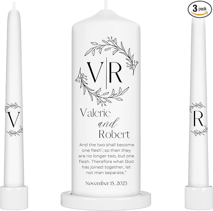 Unity Candles for Wedding, Modern Unity Set, Custom and Personalized Pillar and Taper Candles with Bible Quote, Unscented White Premium Wax, Religious and Wedding Ceremony, Special Events (Black)