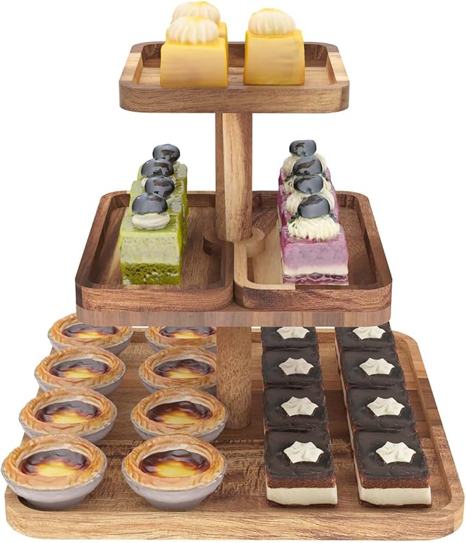 Acacia Wood 3 Tier Cupcake Stand with 2 Removable Snack Tray, Rustic Square Cup Cake Tower Stand for 25 Cupcakes, Display Cakestand for Wedding, Birthday, Serving Tea Party, Natural
