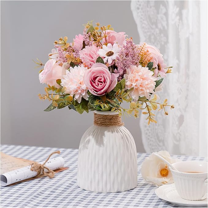 Epicpetal Fake Flowers in Vase, Artificial Pink Flowers in Vase for Decoration Faux Flowers Fake Floral for Home Decor Indoor Dining Table Centerpiece (Pink)