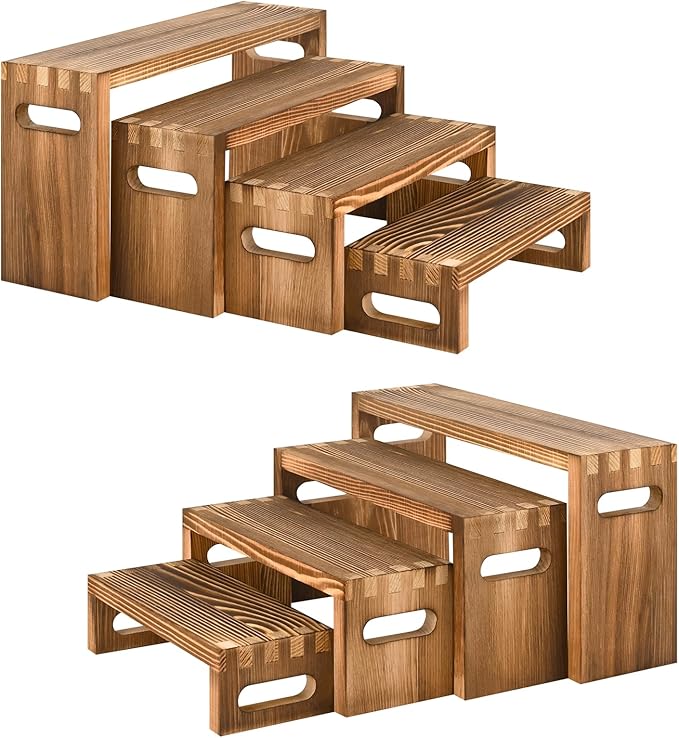 8 Pcs Wood Risers Display Stands, 2 Set Wooden Risers for Table Display, 4 Tier Rectangular Riser Display Stand Wooden for Cupcake, Desserts, Perfume, Collections, Jewelry Showcase
