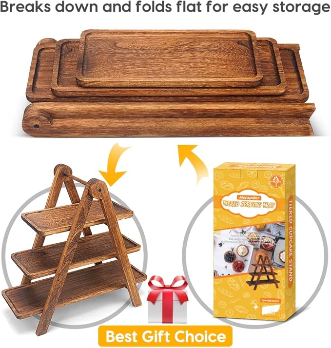 Manspdier Wood 3 Tier Serving Tray Three Tiered Serving Stand, Rectangle Serving Platter Wooden Farmhouse Tiered Tray, Party Serving Brown decorative tray tray decor