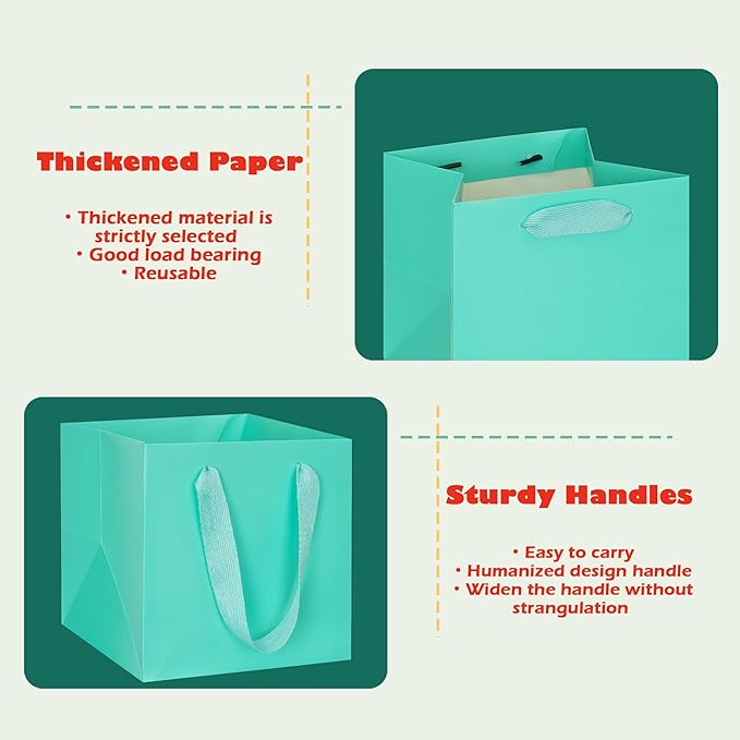 ADIDO EVA Teal Blue Square Gift Bags Medium Size Square Bottom Paper Bags with Handles for Party Favor, Shopping Bag (10x10x10 In, 10 CT)
