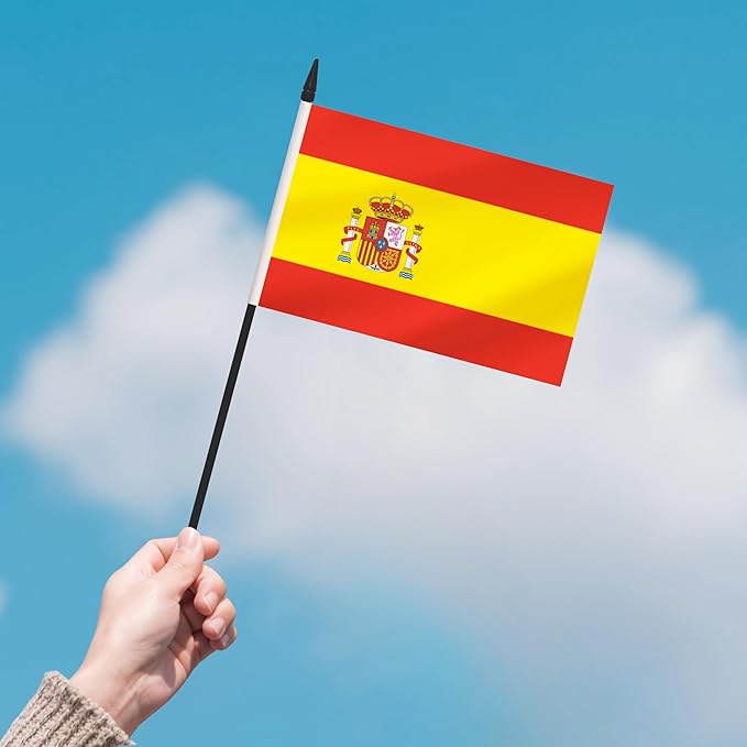 2 Pack Spain Desk Flag Set, Spanish Desktop Small Miniature Table Office Flag with 12" Black Pole and Black Base, Offices, Classroom, Home, Festival Decoration (Spain)