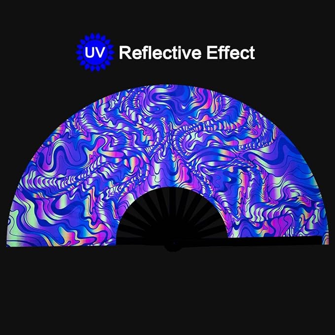 UV Glow Rave Fan, Bamboo Folding Clack Hand Fans Foldable for Men Women, Boots on the Ground Poping Fan for EDM Festival Line Dance Decoration, (Waves-2, Large 13")