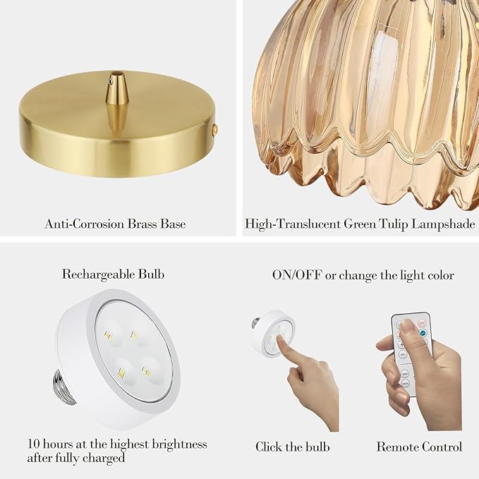 Vintage Gold Rechargeable Pendant Light with 70 Inch Cord and Exquisite Tulip Amber Glass Shade for Kitchen Island, Living Room & Dining Room, Ideal Hanging Light for Multiple Spaces