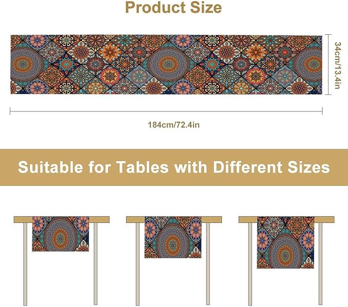 Bohemian Table Runner, Colorful Vintage Indian Mandala Floral Table Runners for Kitchen Dining Coffee Table Indoor Outdoor Party Decor, 13x60inch