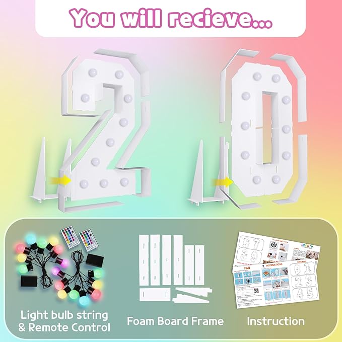 Marquee Numbers 20th-Birthday Decoration: Colorful 4FT Large Light Up 20 Year Old Birthday Decorations Anniversary Backdrop for Boys Girls Cardboard Sign 18 Colors Number 20 Mosaic Balloon Frame