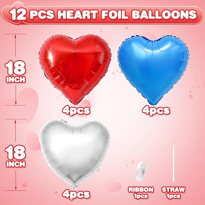 Red Blue Silver Heart Balloons,12Pcs 18Inch Blue Silver Red Heart Shaped Foil Helium Polyester Film Balloons for Birthday Anniversary Wedding Engagement 4th of July Party Decorations