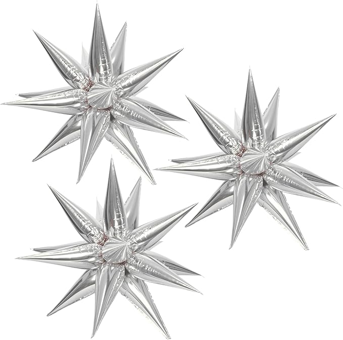 3pcs 26inch 3D Explosion Star foil balloon, Silver Foil Cone Star burst Balloons for Birthday Wedding New Year Party Event