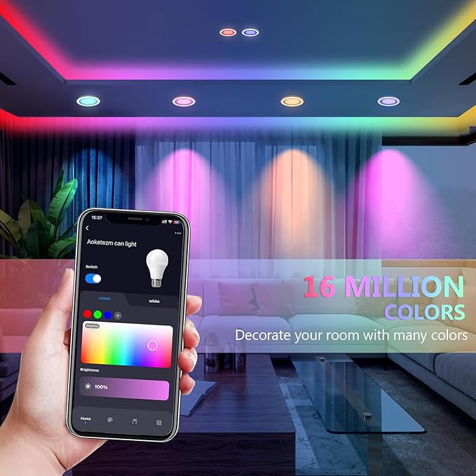 4 inch Smart LED Can Lights Retrofit Recessed Lighting, RGB Color Changing WIFI&Bluetooth Downlight,9W 750LM Bluetooth Baffle Trim Downlight,Compatible with Alexa, Google Home and Siri,6 Pack