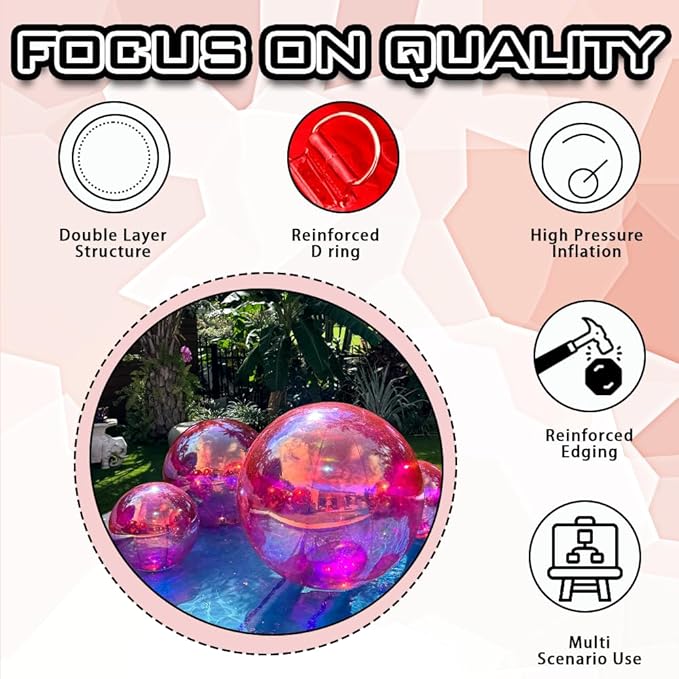 Inflatable Mirror Ball Set - Airtight PVC Spheres for Parties, Weddings, and Events. Perfect for Decoration, Hanging, and Displays. Includes Electric Pump (Rose red, 24in-2pk_32in_39in_47in_71in)