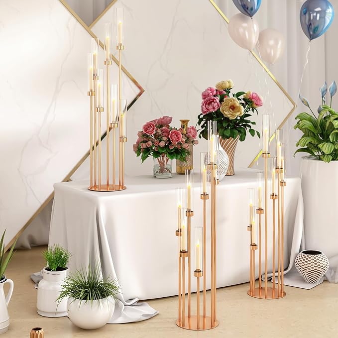 46.5'' Floor Candelabra 7 Arms Floor Candle Holders for Wedding Gold Candle Sticks Holder Decor Metal Candlestick Set with Acrylic Lampshades for Home Party (7 arm Round 46.5in)