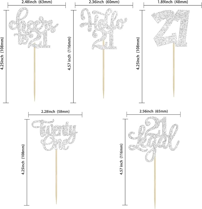 30pcs 21st Birthday Cupcake Toppers - Twenty One Legal 21st Cupcake Picks - Cheers to 21 Years Old - Silver Glitter Cake Decorations
