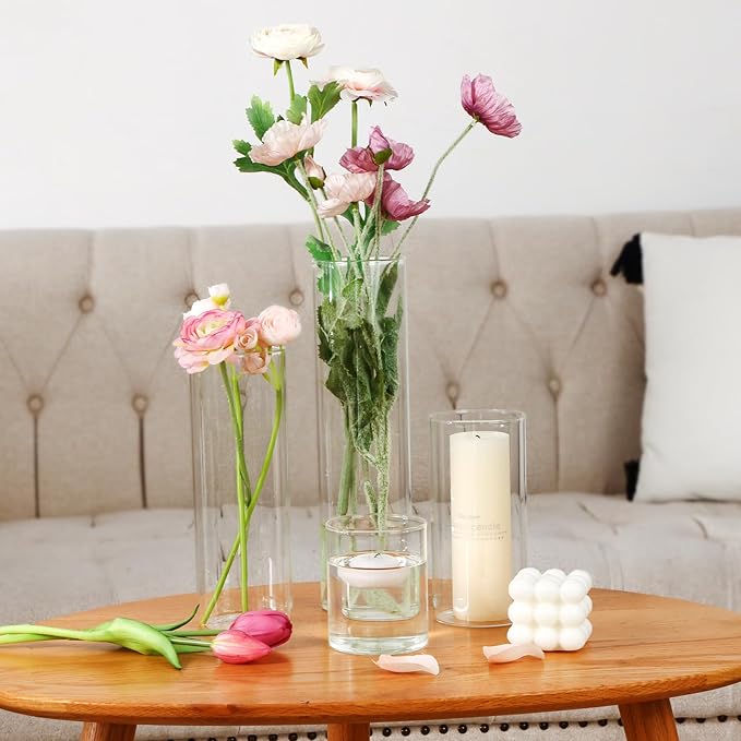 CEWOR 12pcs Glass Cylinder Vase 4, 6.8, 9, 11.8 Inch Glass Candle Holder Clear Vases for Centerpieces Tall Flower Vase for Wedding Home Decor Party 4 Different Sizes