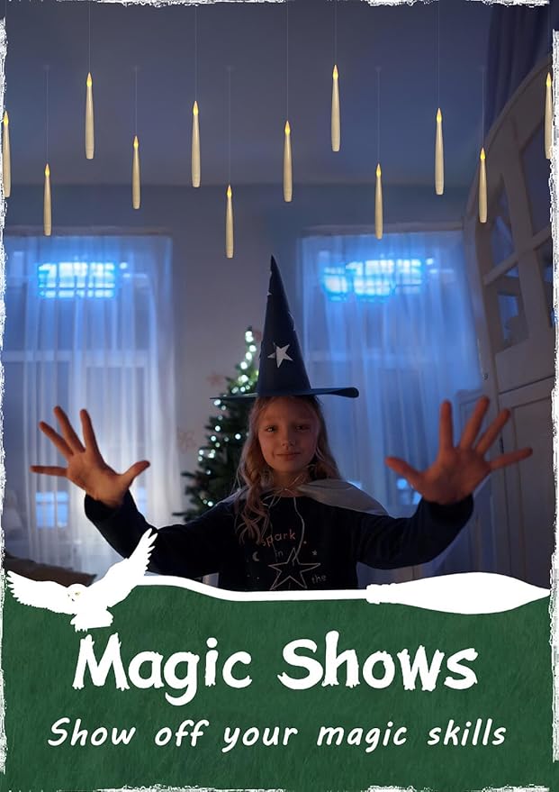 Leejec Floating Candles with Magic Wand Remote(6/18H Timer), 12pcs 6.1" Hanging Flameless Taper Candles, Battery Operated Flickering Warm Light, Halloween Christmas Gift, Wedding Party Decor (Ivory)