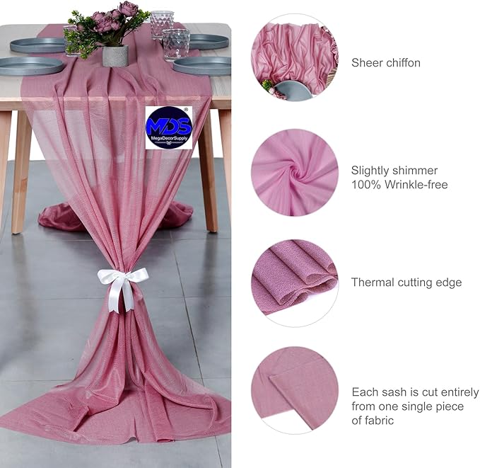 MDS 25 Pack 10ft Chiffon Table Runner 29 x 120 Inches Sheer Wedding Runner Romantic Rustic Table Runner for Wedding Decorations, Birthday Parties, Bridal Shower Party Arch Decor - mauva