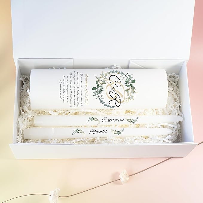 Unity Candles for Wedding, Modern Unity Set, Custom and Personalized Pillar and Taper Candles with Bible Quote, Unscented White Premium Wax, Religious and Wedding Ceremony, Special Events (Zinnia)