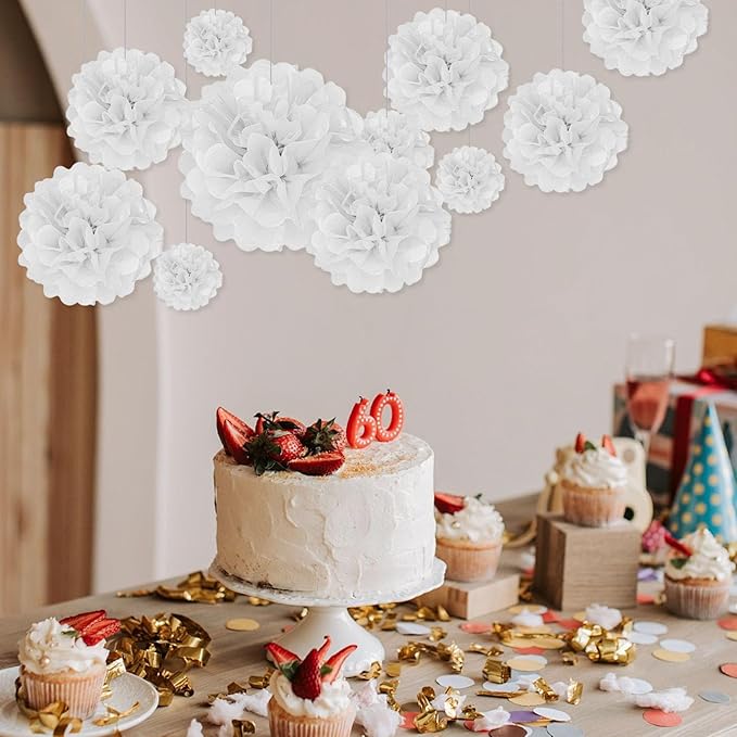 Tissue Paper Pom Poms, White Tissue Paper Flowers, Hanging Flower Balls for Weddings Fiesta Parties Birthday Baby Showers Classroom Bridal Shower Decoration (20Piece Set-6/10/12/14Inch)