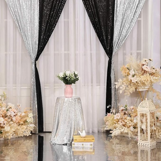 Poise3EHome Black Sequin Backdrop Curtain, 4 Pcs 3FT x 8FT Sequin Backdrop Panels,Black Curtains for Photography Party Birthday Halloween Backdrop