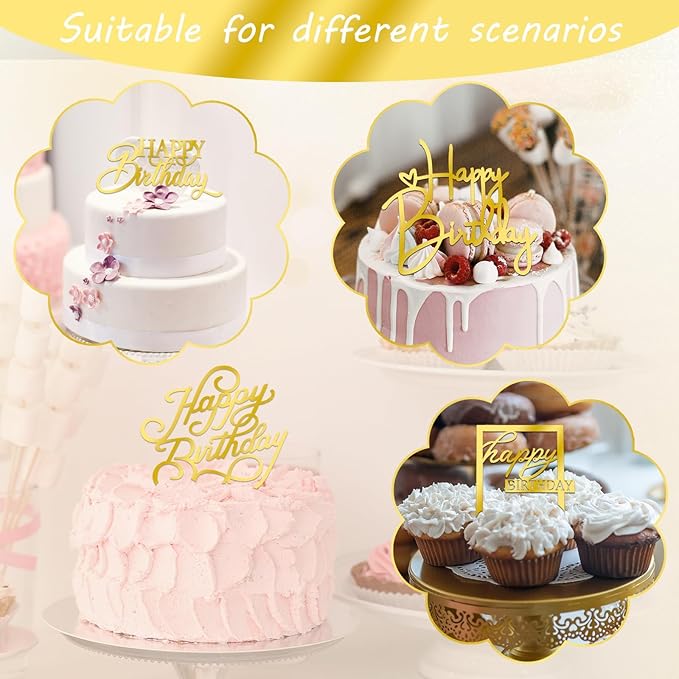 10 PCS Gold Happy Birthday Cake Topper Mirror Acrylic Cake Toppers Double-Sided Glitter Birthday Decorations for Girls Women's Party Supplies