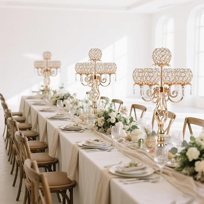 5-Arm Crystal Candelabra Centerpiece 23.2" Tall - Elegant Candle Holder Stand with Crystal Bowl, Chic Table Decor for Weddings, Parties, Anniversary & Home Decoration (4, Gold)