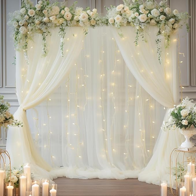30×10ft Cream White Tulle Backdrop Curtain with Lights String for Parites, Sheer Photo Backdrop Curtains for Wedding Party Photography Background