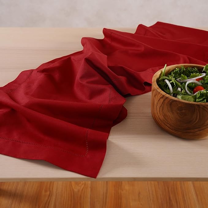 Red Table Runner 48 Inch – Cotton Linen Hemstitch Farmhouse Table Runner 14x48 – Washable Fabric for Dining Table, Spring, Summer, Wedding, Everyday Décor – Serena