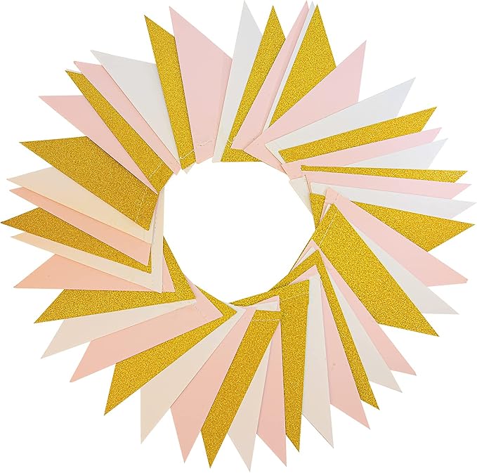 MerryNine Triangle Flag Bunting Banner, 3 Pack 30 Feet Vintage Style Pennant Banner for Wedding, Baby Shower, Event & Party Supplies 45pcs Flags (Triangle Flag - Pink White Gold Glitter)