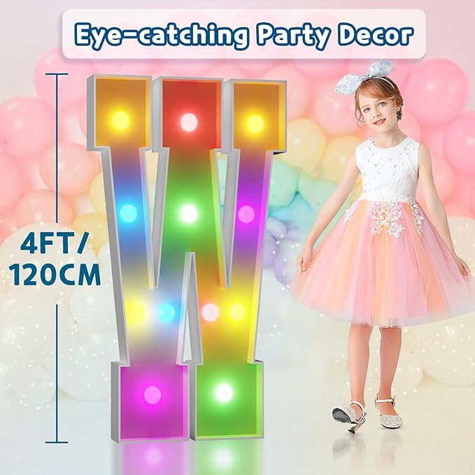 imprsv 4FT Colorful Marquee Light Up Letters W, 18 Colors Light Up Sign Alphabet Sign with Remote, One Letters First Birthday, Large Letters for Birthday Engagement Anniversary Wedding Party Decor