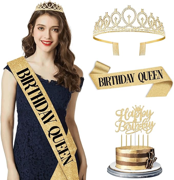 Birthday Decorations for Women/Girls, Including Queen Sash and Crown, Cake Topper, Candles. Birthday Sash and Tiara for Women, Golden Party Decorations Favors