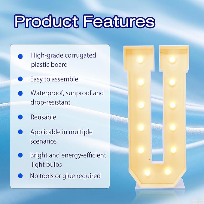 4FT Marquee Plastic Letters U - Light up Letters U Are Made from Corrugated Plastic Board - Quick Assembly Without Tools, Disassembled Components Can Be Used for Garage Sale Signs, Yard Sale Signs