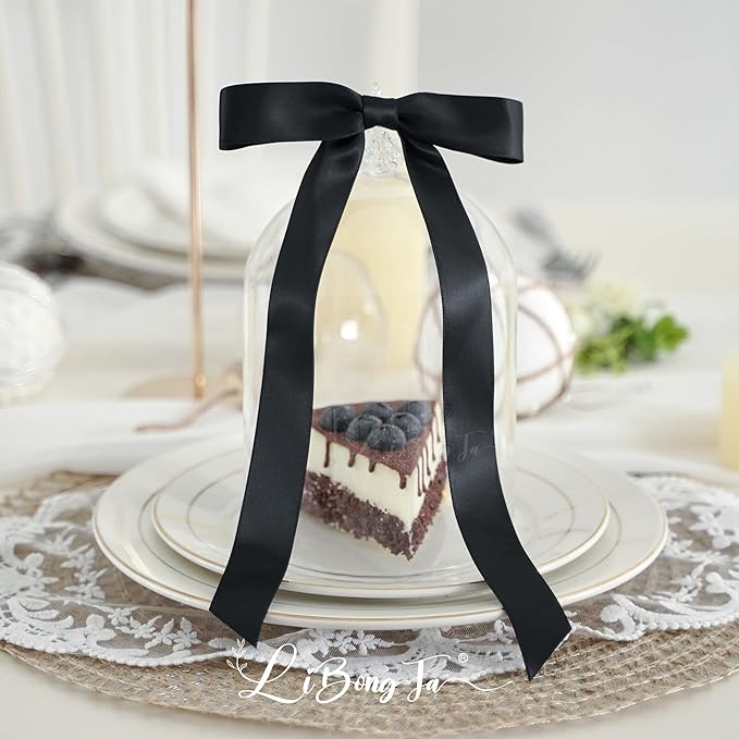 50 PCs Black Bow Decor 5.5'' Satin Bows with Long Tail, Twist Tie Bows for Craft, Packaging Ribbon Bows, Premade Bows for Cake Decorating, Gift Bows for Treat, Wedding Favor, Party