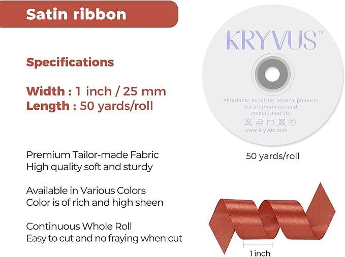 Copper Satin Ribbon 1 inch X Continuous 50 Yards, Single Face Polyester Ribbon Perfect for Gift Wrapping, Flower Bouquet, Wedding Decor, Crafts, Bow Making, Sewing and More