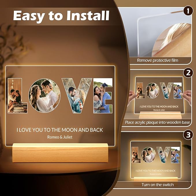 Custom Picture Frames with Photo, Personalized LOVE Photo Frame with Night Light, Customized Picture Frame, Personalized Anniversary Birthday Gifts for Women, Men, Him, Her, Girlfriend, Boyfriend, Couple