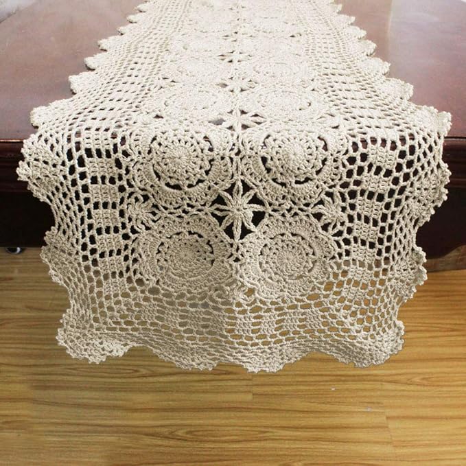 KEPSWET Cotton Handmade Crochet Lace Table Runner Beige Rectangle Coffee Table Dresser Decor (14x36 inch)