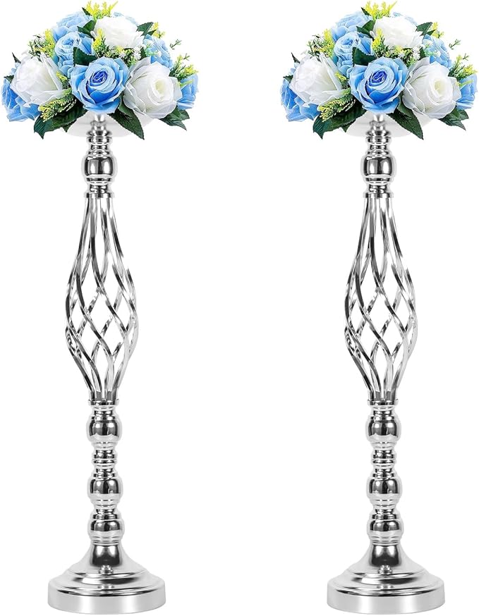 LANLONG 2pcs Metal Silver Candle Holders Road Lead Table Centerpiece Stand Pillar Candlestick for Wedding Candelabra Flowers Vases